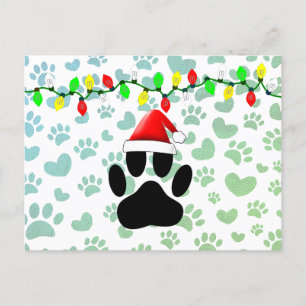 Dog Pawprint Santa Hat Christmas Lights Holiday Postcard