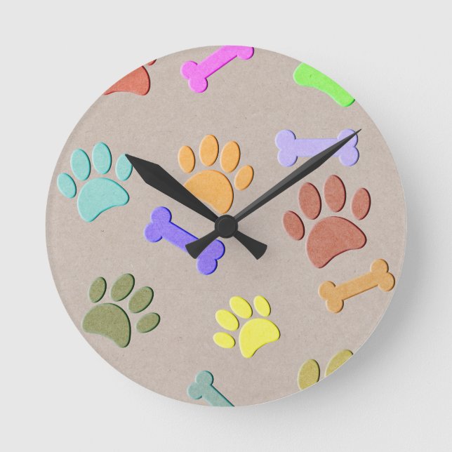 Dog Paws And Bones Faux Colorful Paper  Fleece Bla Round Clock (Front)