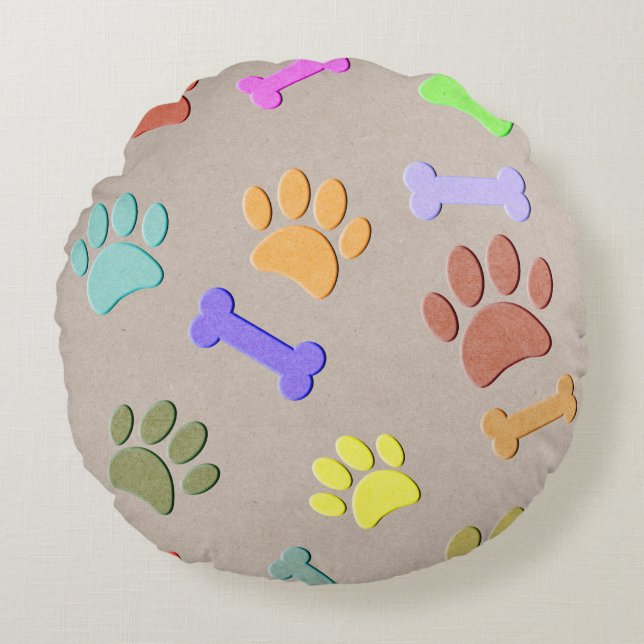Dog Paws And Bones Faux Colourful Paper  Fleece Bl Round Cushion (Front)