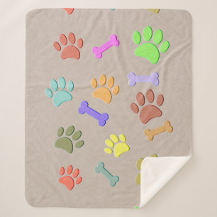 Dog Paws And Bones Faux Colourful Paper  Fleece Bl Sherpa Blanket