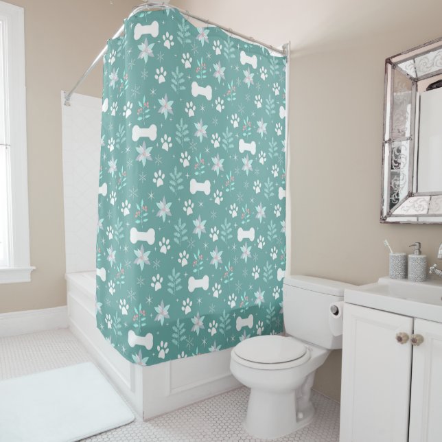 Dog Paws and Holiday Bones Pattern Shower Curtain (In Situ)