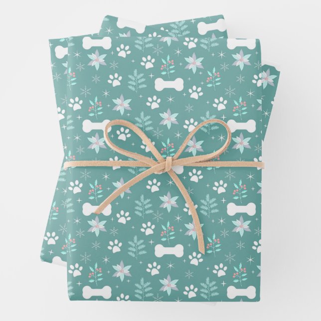 Dog Paws and Holiday Bones Pattern Wrapping Paper Sheet (In situ)