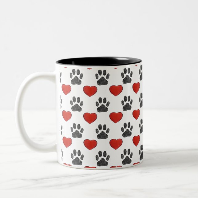 Dog Paws And Red Hearts Painting Pattern Two-Tone Coffee Mug (Left)