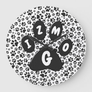 Dog Paws Black and White Polka Dot  Large Clock