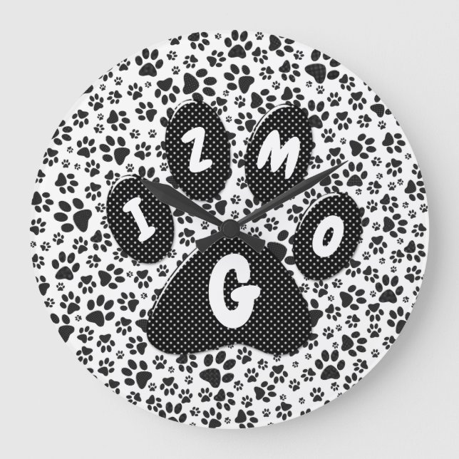 Dog Paws Black and White Polka Dot  Large Clock (Front)