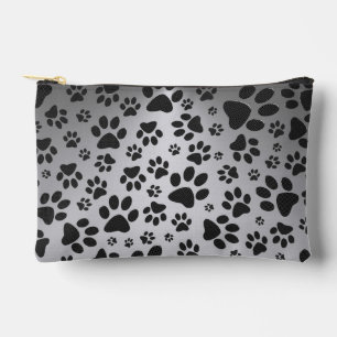 Dog Paws Black and White Polka Dot on metal silver Accessory Pouch