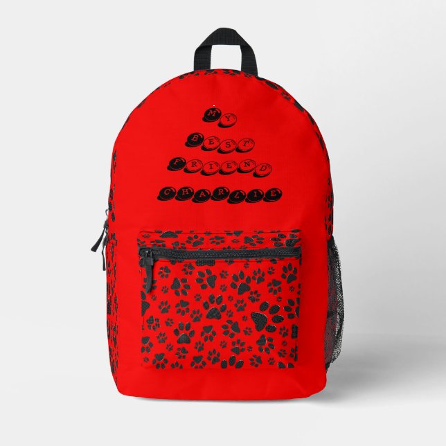 Dog Paws Black and White Polka Dot on red Printed Backpack (Front)