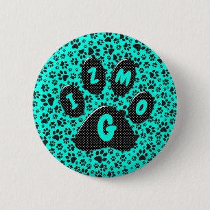 Dog Paws Black and White Polka Dot on vivid cyan   6 Cm Round Badge