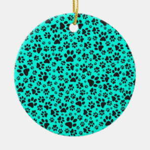 Dog Paws Black and White Polka Dot on vivid cyan  Ceramic Tree Decoration