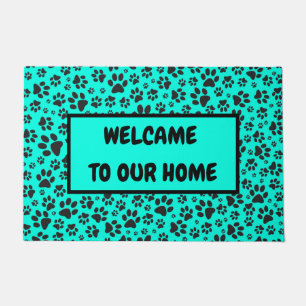 Dog Paws Black and White Polka Dot on vivid cyan Doormat