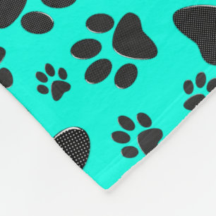 Dog Paws Black and White Polka Dot on vivid cyan Fleece Blanket