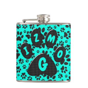 Dog Paws Black and White Polka Dot on vivid cyan Hip Flask
