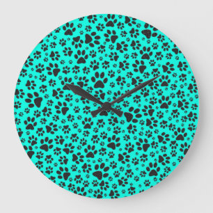 Dog Paws Black and White Polka Dot on vivid cyan  Large Clock