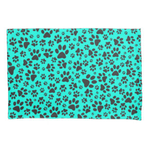 Dog Paws Black and White Polka Dot on vivid cyan Pillowcase