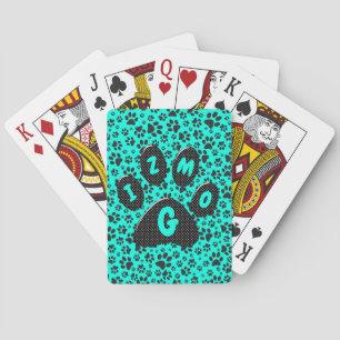 Dog Paws Black and White Polka Dot on vivid cyan Playing Cards