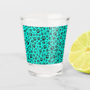 Dog Paws Black and White Polka Dot on vivid cyan Shot Glass