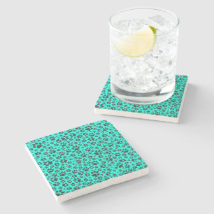 Dog Paws Black and White Polka Dot on vivid cyan Stone Coaster