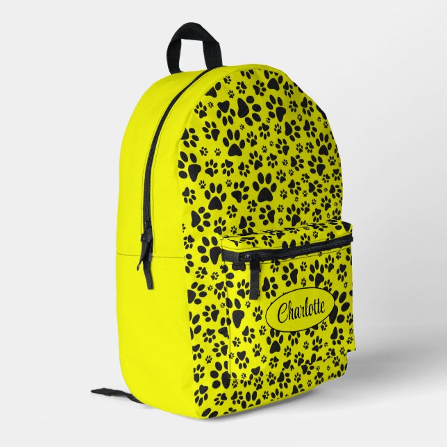 Dog Paws Black and White Polka Dot on yellow  Printed Backpack (Back Corner Left)