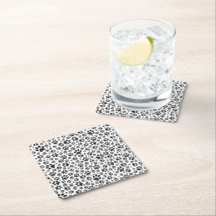 Dog Paws Black and White Polka Dot Square Paper Coaster