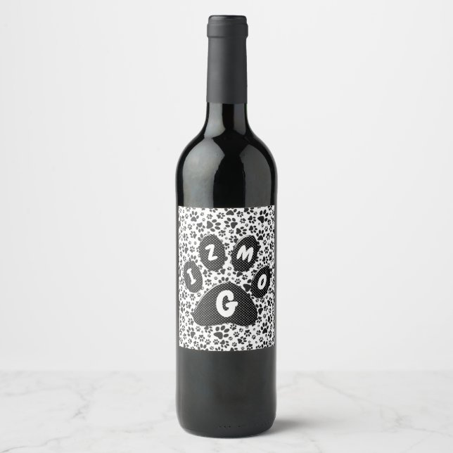 Dog Paws Black and White Polka Dot  Wine Label (Front)