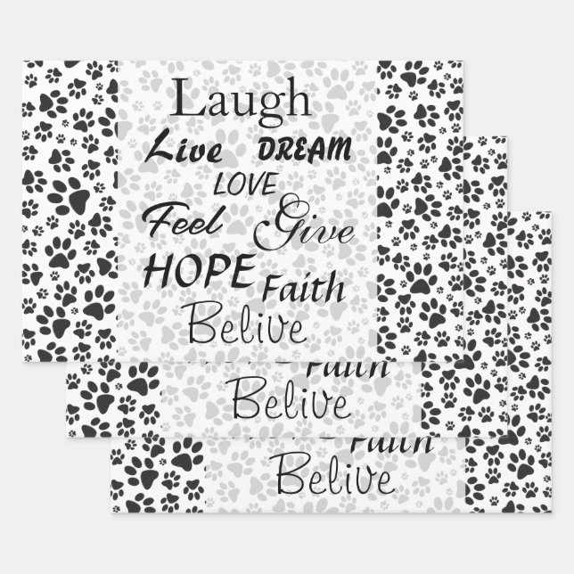 Dog Paws Black and White Polka Dot  Wrapping Paper (Set)
