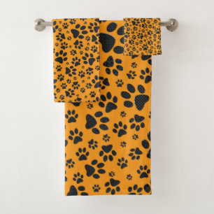 Dog Paws Black & White Polka Dot on dahlia orange Bath Towel Set