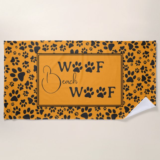 Dog Paws Black & White Polka Dot on dahlia orange  Beach Towel (Front)