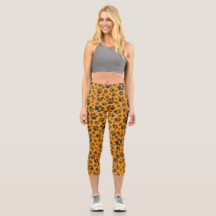 Dog Paws Black & White Polka Dot on dahlia orange Capri Leggings