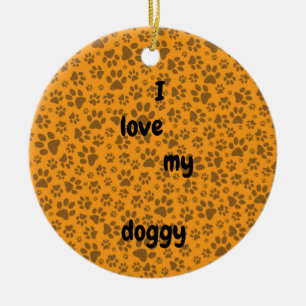 Dog Paws Black & White Polka Dot on dahlia orange Ceramic Tree Decoration