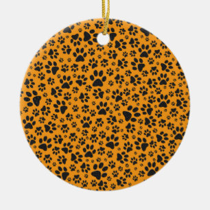 Dog Paws Black & White Polka Dot on dahlia orange Ceramic Tree Decoration