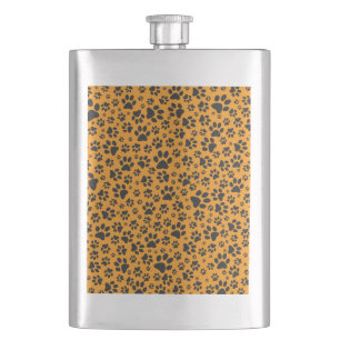 Dog Paws Black & White Polka Dot on dahlia orange Hip Flask