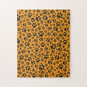 Dog Paws Black & White Polka Dot on dahlia orange Jigsaw Puzzle