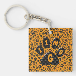 Dog Paws Black & White Polka Dot on dahlia orange  Key Ring