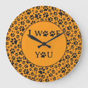 Dog Paws Black & White Polka Dot on dahlia orange  Large Clock