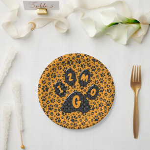 Dog Paws Black & White Polka Dot on dahlia orange  Paper Plate