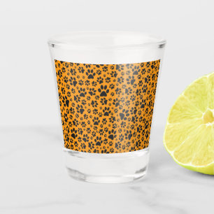 Dog Paws Black & White Polka Dot on dahlia orange Shot Glass