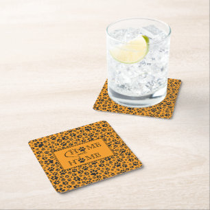 Dog Paws Black & White Polka Dot on dahlia orange Square Paper Coaster