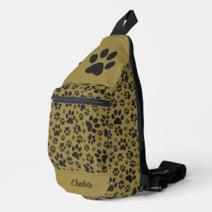Dog Paws Black & White Polka Dot on military gold Sling Bag