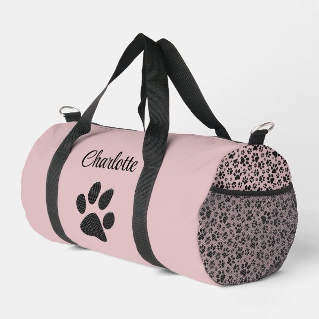 Dog Paws Black & White Polka Dot on pink charlotte Duffle Bag (Right Corner)