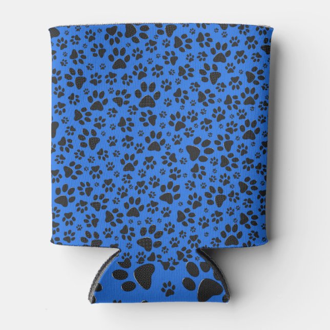 Dog Paws Black & White Polka Dot on tech blue Can Cooler (Front)