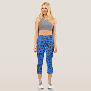 Dog Paws Black & White Polka Dot on tech blue Capr Capri Leggings