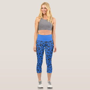 Dog Paws Black & White Polka Dot on tech blue Capri Leggings