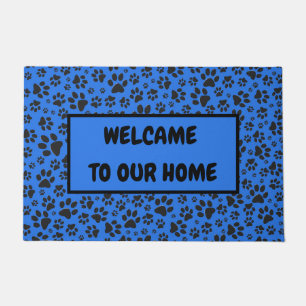 Dog Paws Black & White Polka Dot on tech blue Doormat