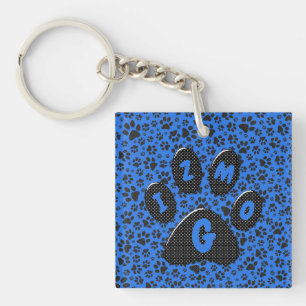 Dog Paws Black & White Polka Dot on tech blue Keyc Key Ring