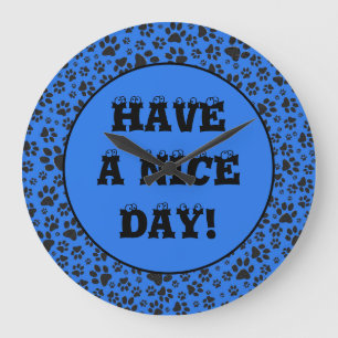 Dog Paws Black & White Polka Dot on tech blue Larg Large Clock
