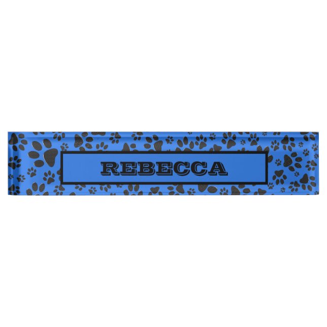 Dog Paws Black & White Polka Dot on tech blue Nameplate (Front)