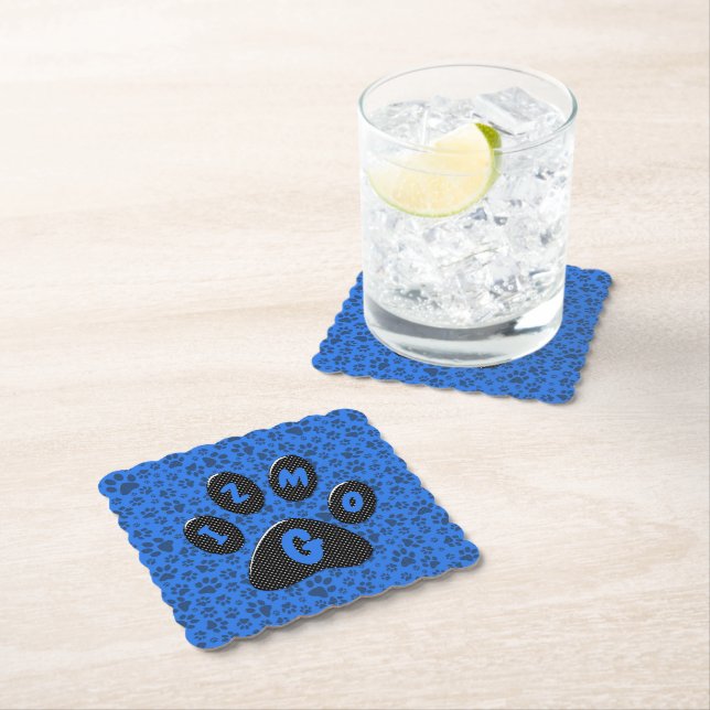 Dog Paws Black & White Polka Dot on tech blue Paper Coaster (Insitu)