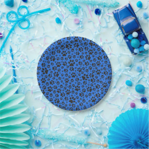 Dog Paws Black & White Polka Dot on tech blue Paper Plate