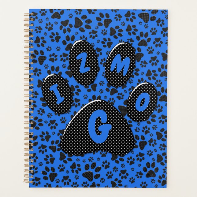 Dog Paws Black & White Polka Dot on tech blue Planner (Front)