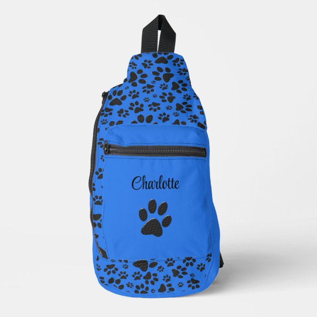 Dog Paws Black & White Polka Dot on tech blue Sling Bag (Front)
